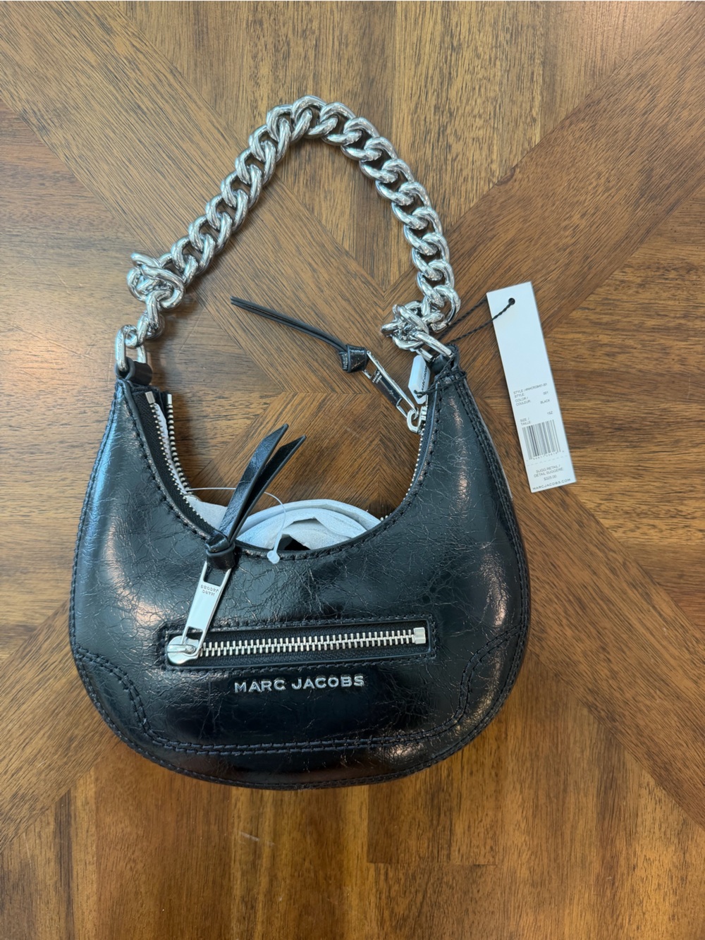 Marc Jacobs Black Leather Crescent Shoulder Bag with Silver Chain